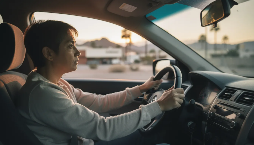 A car accident survivor sits in the driver’s seat of a parked vehicle in Phoenix, Arizona at dusk, with hands gently gripping the steering wheel, reflecting a subtle expression of anxiety. The softly blurred city skyline in the background symbolizes the emotional challenges faced by those dealing with PTSD after a car accident, highlighting themes of resilience and the healing process.