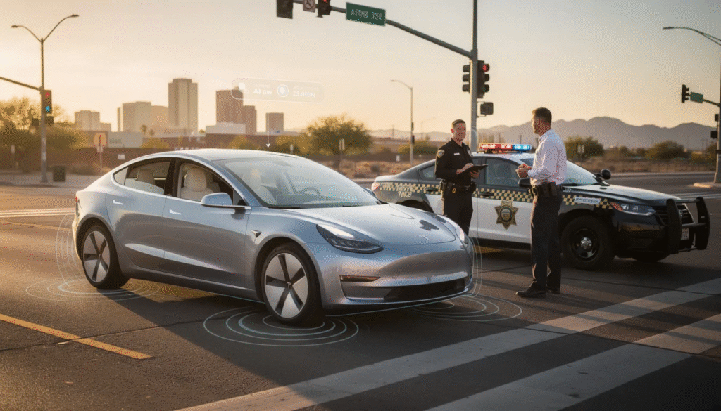 The image depicts a modern civilian electric sedan in self-driving mode, stopped at a Phoenix intersection during sunset after a minor collision investigation. A marked police cruiser with flashing lights is parked behind it, while a uniformed officer converses with a professionally dressed man near the vehicle, emphasizing the calm, investigative mood without any police markings or emergency lights on the civilian car.