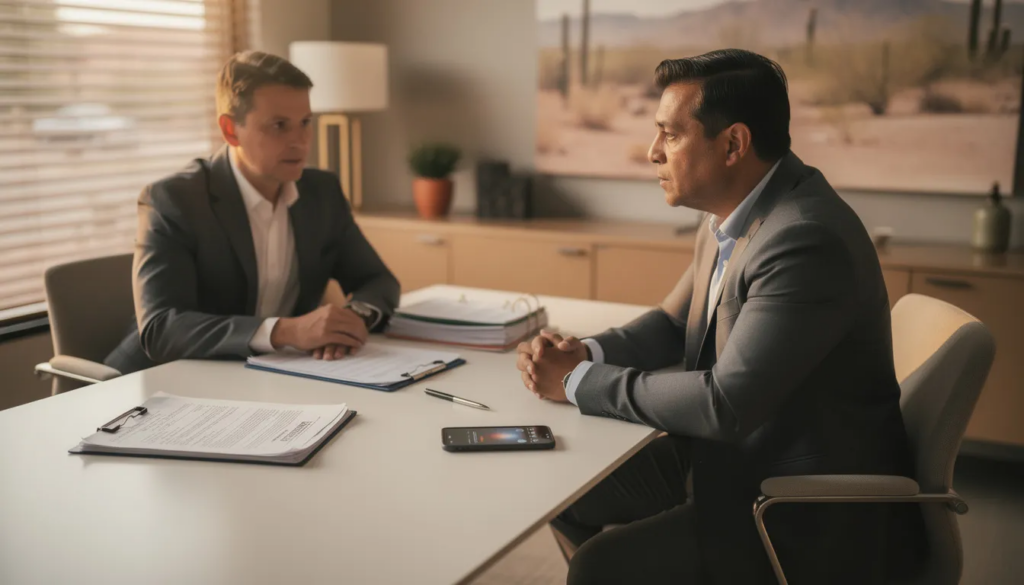 In a quiet Phoenix law office, an attentive car accident victim sits at a conference table with a smartphone and various documents, including a police report and organized medical records, while a professional attorney calmly advises them. The warm natural light filtering through the window creates a serene atmosphere, emphasizing the importance of careful communication and legal guidance before speaking to an insurance adjuster.
