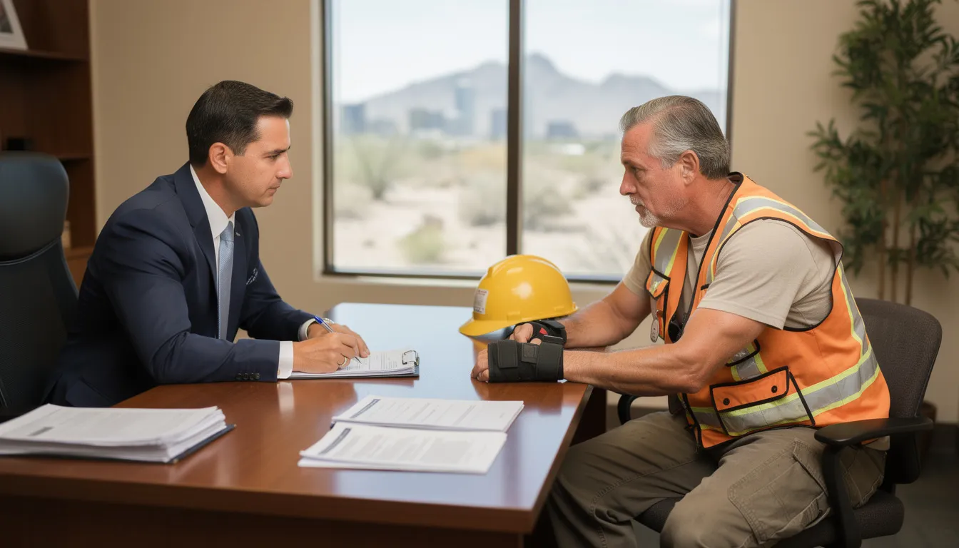A middle-aged construction worker, wearing a reflective safety vest and wrist brace, is consulting with a professional attorney in a modern law office in Phoenix, Arizona. The scene conveys a supportive atmosphere as the attorney reviews a "Workers’ Compensation Claim" document, emphasizing the importance of legal guidance for injured workers navigating the workers' compensation system.