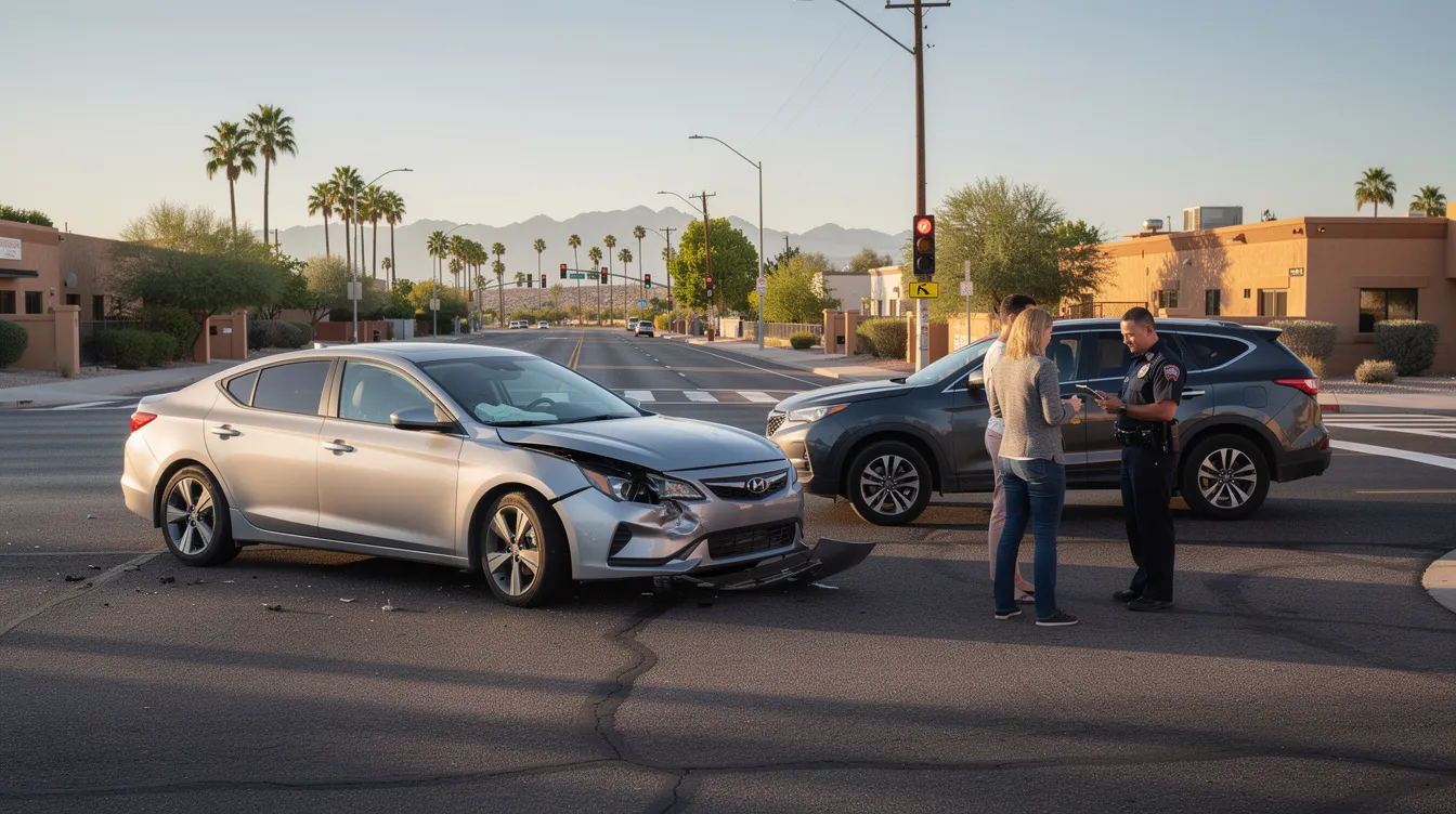The image depicts a serious two-vehicle car accident at a Phoenix, Arizona intersection, with a damaged sedan and an SUV parked nearby. Drivers are conversing with a police officer as palm trees and desert mountains provide a backdrop to the accident scene, highlighting the importance of seeking legal representation and fair compensation in car accident cases.