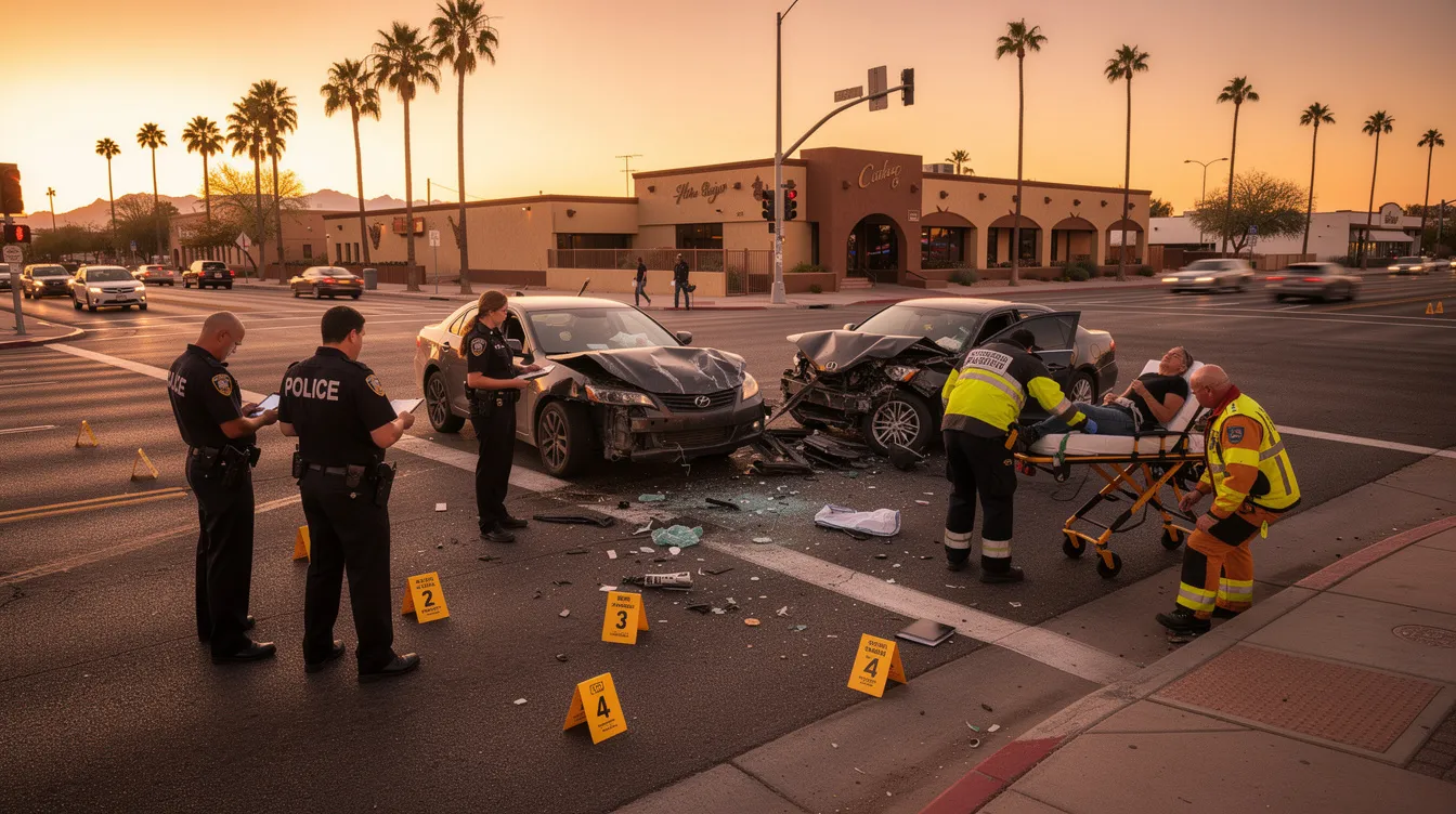 The image depicts a serious car accident scene in Phoenix, Arizona, at sunset, showcasing damaged vehicles at an intersection with police officers documenting the crash and emergency responders assisting an injured driver. The warm desert lighting and palm trees in the background highlight the urgency of the situation, reflecting the importance of seeking a skilled personal injury lawyer to recover compensation for medical expenses and other losses related to the accident.
