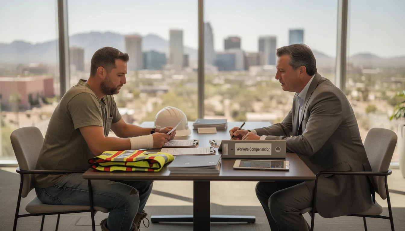 A concerned construction worker with a light bandage on his wrist is seated at a conference table in a modern Phoenix law office, discussing his workplace injury with a professional attorney. The scene conveys a sense of trust and support as they review medical documents related to his workers compensation claim, with the Phoenix skyline visible through large windows in the background.