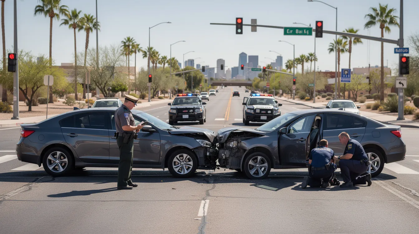The image depicts a car accident scene in Phoenix, Arizona, featuring two civilian vehicles with front-end collision damage at a busy intersection. A police officer is conversing with the drivers, while paramedics attend to an injured adult seated beside one of the cars, with palm trees and a glimpse of the Phoenix skyline in the background under bright sunlight.