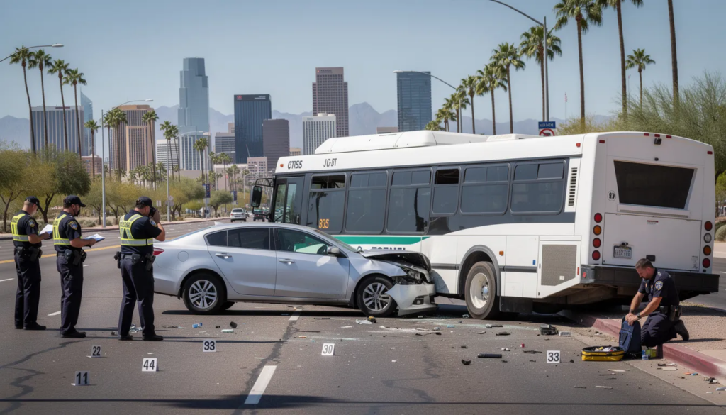 A serious scene unfolds as police officers document a Phoenix city bus accident involving a white public transit bus and a passenger car, while paramedics assist an injured passenger. The backdrop features the Phoenix skyline and desert mountains under bright Arizona sunlight, with palm trees lining the street, capturing the gravity of the situation in a professional news photojournalism style.