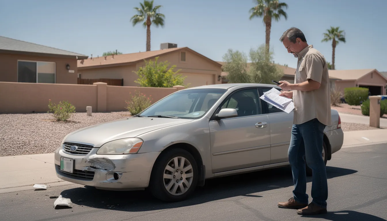 The image depicts a damaged mid-size sedan parked on a residential street in Phoenix, with a concerned driver standing nearby, reviewing paperwork and checking their smartphone. The scene captures a moment following a serious motor vehicle accident, set against a subtle desert landscape with palm trees, reflecting the emotional strain often faced by car accident victims as they navigate the legal process and insurance claims.