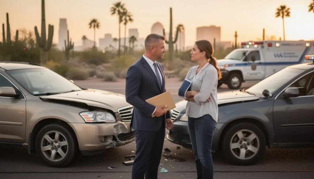 The image depicts a realistic scene of a car accident in Phoenix during the golden hour, featuring two mid-size vehicles with moderate front-end damage on a roadway. A calm and composed attorney in a navy suit is seen engaging with an adult female client, who has a subtle arm brace, while the Phoenix skyline and desert landscaping provide a clear sense of location, emphasizing trust and professionalism in personal injury law.