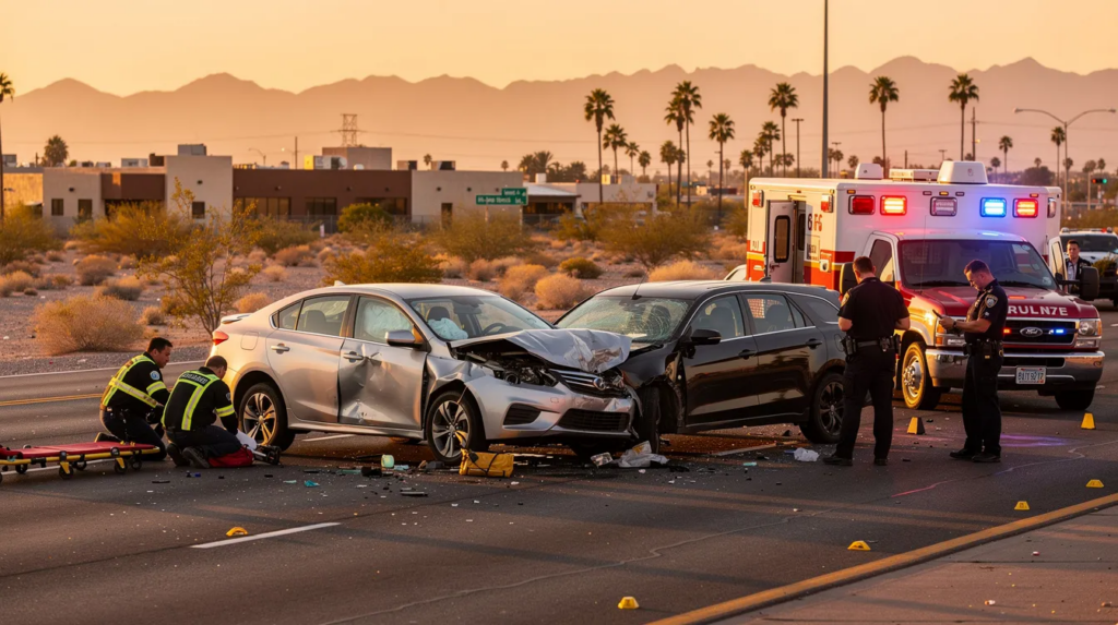 The image depicts a multi-vehicle car accident scene in Phoenix, Arizona, featuring several damaged vehicles, including a sedan and an SUV, with emergency responders assisting injured individuals. The warm sunset sky illuminates the dry desert landscape, while a police officer documents the incident, highlighting the serious nature of personal injury claims that can arise from such motor vehicle accidents.