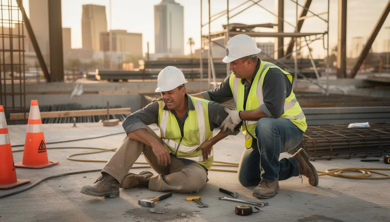 The image depicts a male construction worker in a high-visibility yellow safety vest and white hard hat sitting on the concrete ground at a construction site in Phoenix, Arizona, visibly in pain while holding his lower back due to a serious workplace injury. A concerned coworker kneels beside him offering support, surrounded by safety cones and tools, with the blurred Phoenix skyline illuminated by a warm sunset in the background, emphasizing the importance of safety precautions in construction and the potential for workers compensation claims for injured workers.