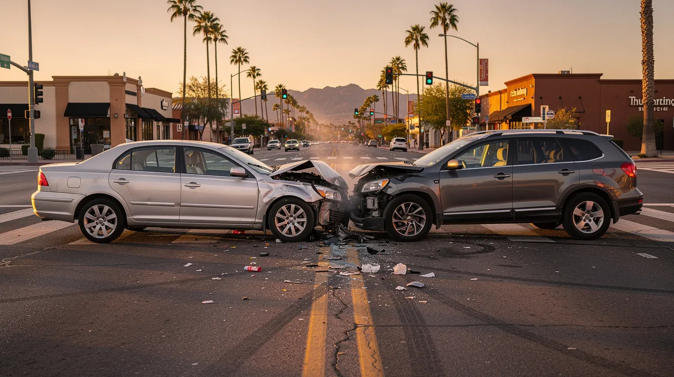 The image depicts a serious car accident in Phoenix, Arizona, featuring a damaged silver sedan and dark gray SUV that have collided at a city intersection during golden hour. The scene includes scattered debris on the asphalt, with palm trees and desert mountains in the background, highlighting the potential legal implications for personal injury claims and the importance of seeking qualified legal representation following such incidents.