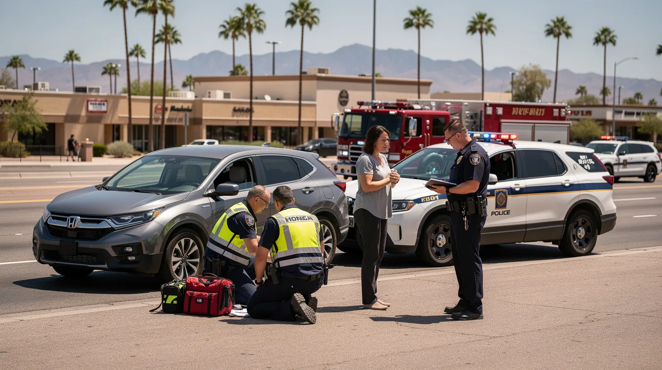 The image depicts a personal injury accident scene in Phoenix, Arizona, featuring two vehicles on the roadside after a collision. An injured adult is conversing with emergency responders, while fire paramedics and a police officer assess the situation against a backdrop of palm trees, desert mountains, and low-rise buildings, highlighting the serious nature of personal injury accidents and the need for legal representation.