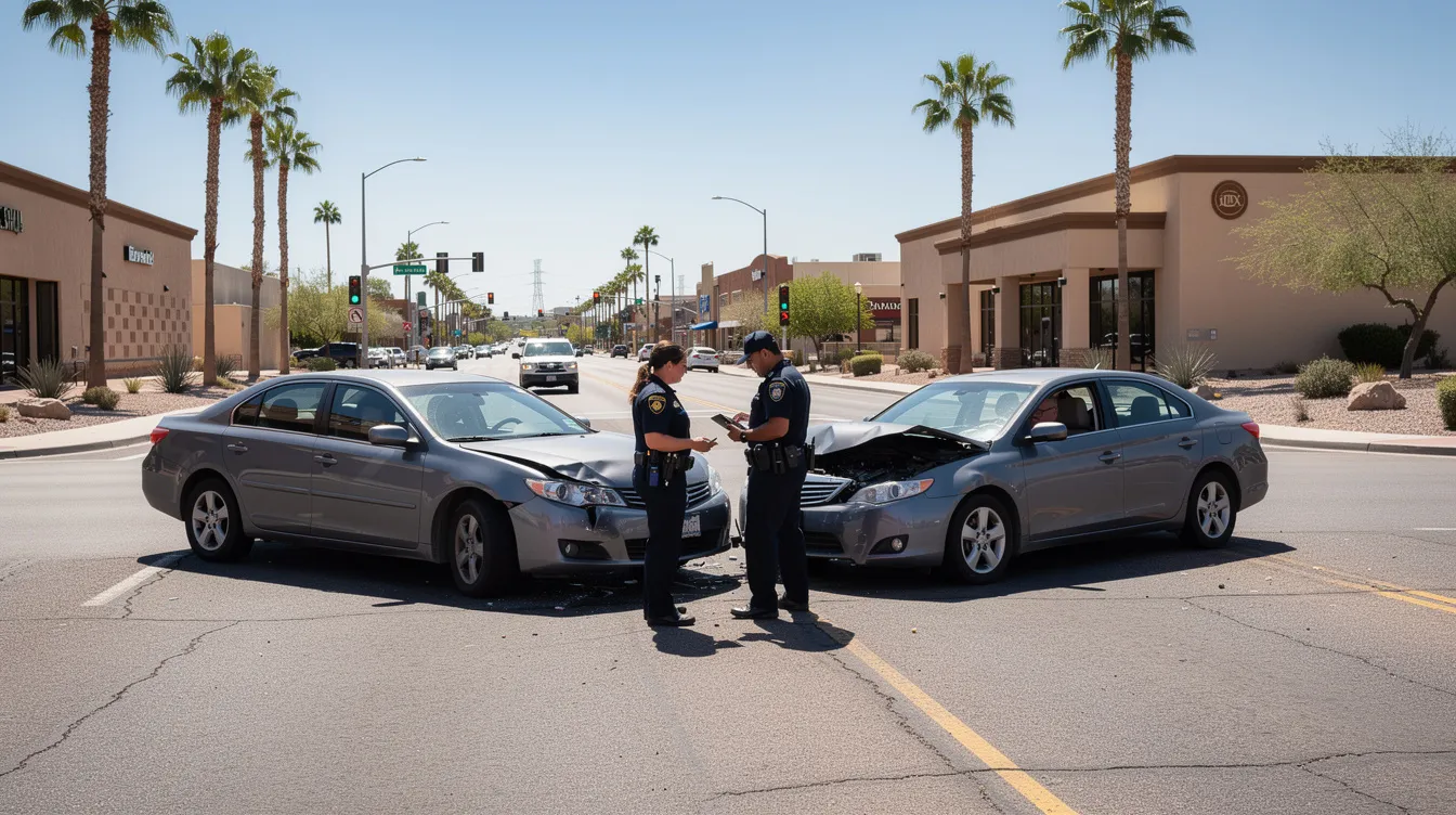 The image depicts a car accident scene on a sunny Phoenix street, featuring two damaged vehicles at an intersection with police officers speaking to the drivers. This realistic photo captures the aftermath of the collision, highlighting the importance of seeking legal representation and understanding the claims process in personal injury cases.