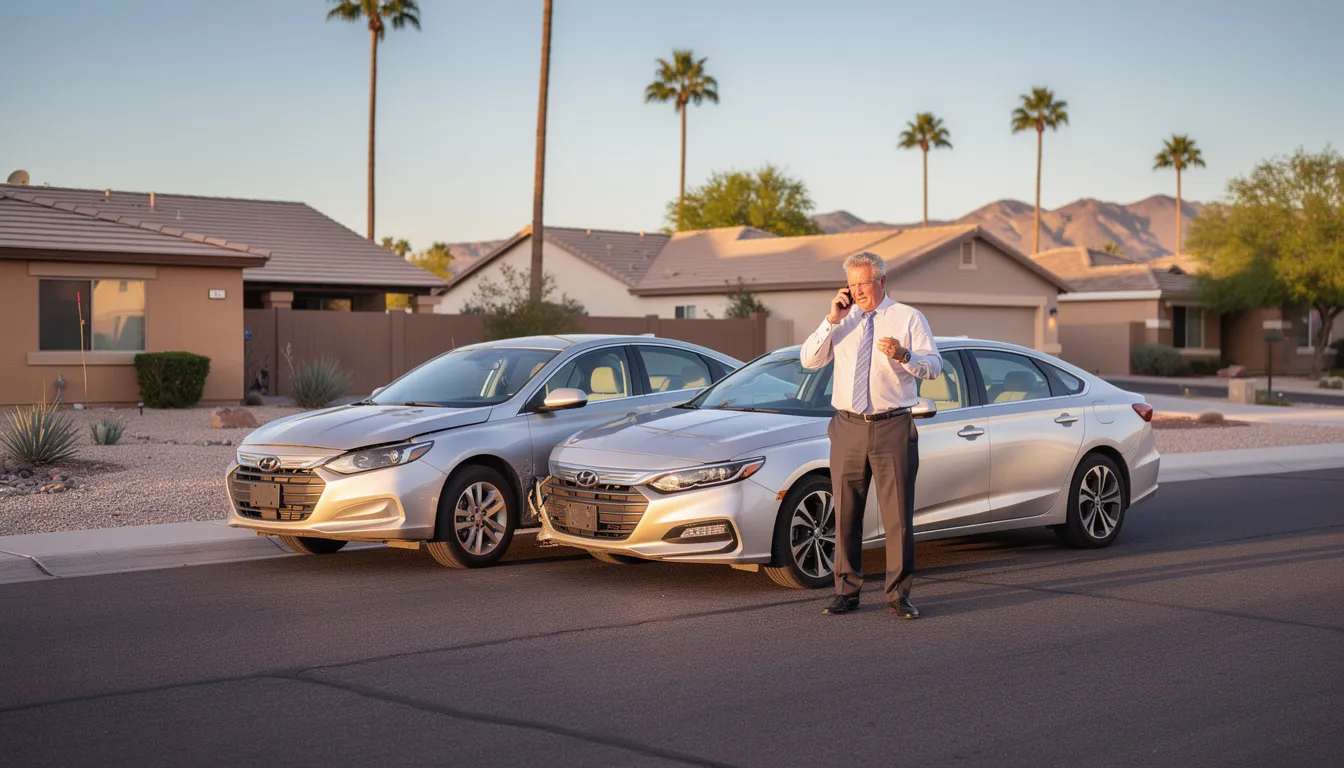 A middle-aged man in professional attire stands beside two slightly damaged vehicles on a quiet residential street in Phoenix, Arizona, speaking seriously on his smartphone, likely contacting his insurance company after a minor car accident. The warm sunlight illuminates the suburban neighborhood with palm trees and distant mountains, highlighting the importance of having adequate auto insurance coverage, including uninsured motorist protection, to handle potential medical expenses and property damage.