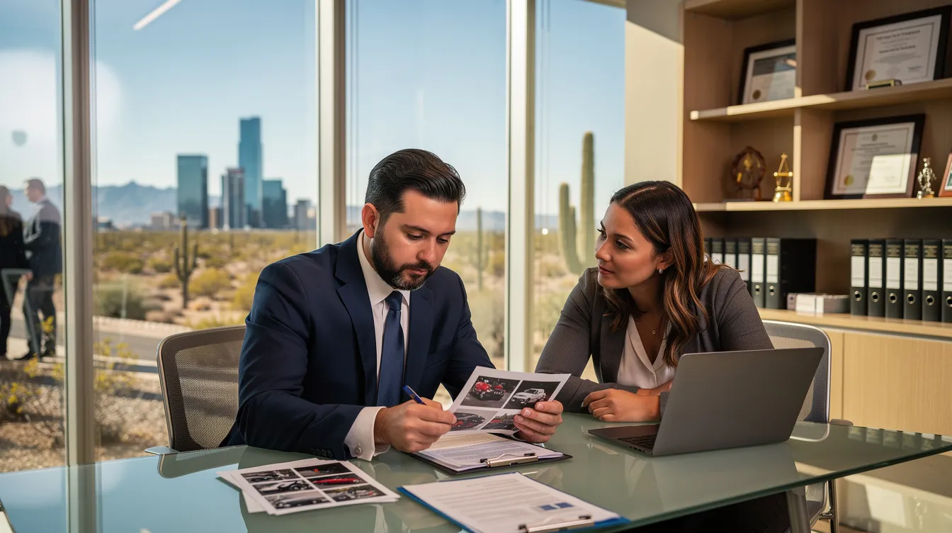 A Phoenix personal injury lawyer is seen reviewing accident evidence and medical records with a client in a modern law office, with the Phoenix skyline and desert landscape visible through a large window. The warm natural lighting enhances the professional atmosphere, emphasizing the importance of gathering evidence for a successful personal injury claim.