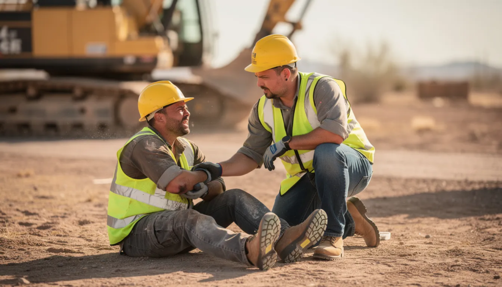 The image depicts a construction worker at a Phoenix, Arizona construction site, sitting on the dusty ground with a pained expression while holding his injured arm. A concerned coworker kneels beside him, offering assistance, while heavy machinery looms in the background, highlighting the seriousness of workplace accidents and the potential need for a skilled workplace injury lawyer.