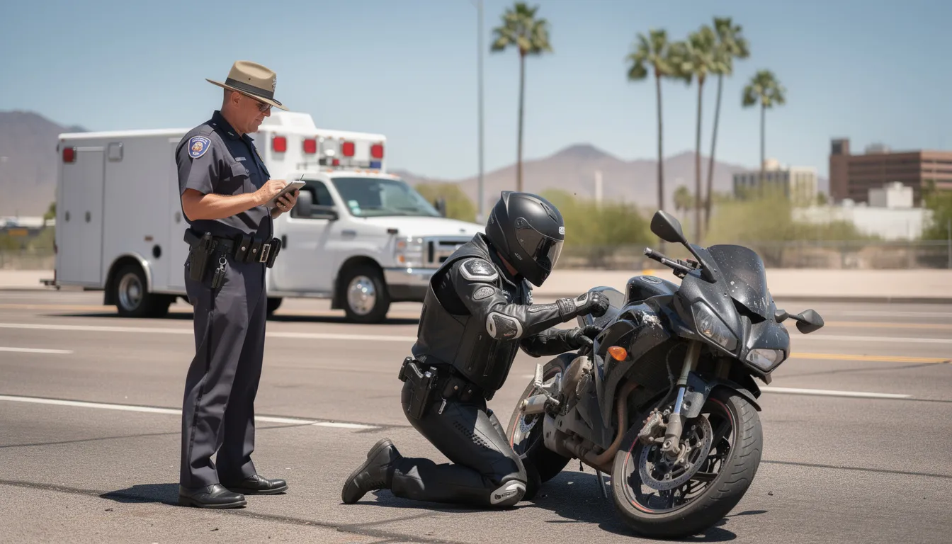The image depicts a motorcycle accident scene in Phoenix, Arizona, featuring an injured adult rider kneeling beside a damaged sport motorcycle on the roadway. A police officer is documenting the scene, while an ambulance is visible in the background against a subtle skyline of the Phoenix area, highlighting the importance of seeking legal representation from a phoenix motorcycle accident lawyer for those involved in motorcycle accident claims.