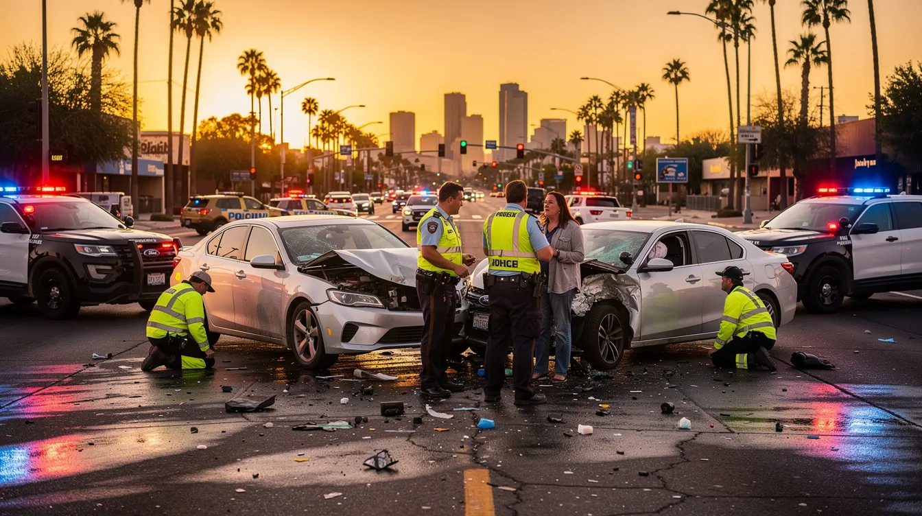 The image depicts a serious car accident scene at an urban intersection in Phoenix, Arizona, featuring two damaged vehicles and flashing police lights illuminating the road. A police officer is conversing with the drivers while emergency responders assess the situation, with palm trees and the Phoenix skyline silhouetted against a warm desert sunset in the background.