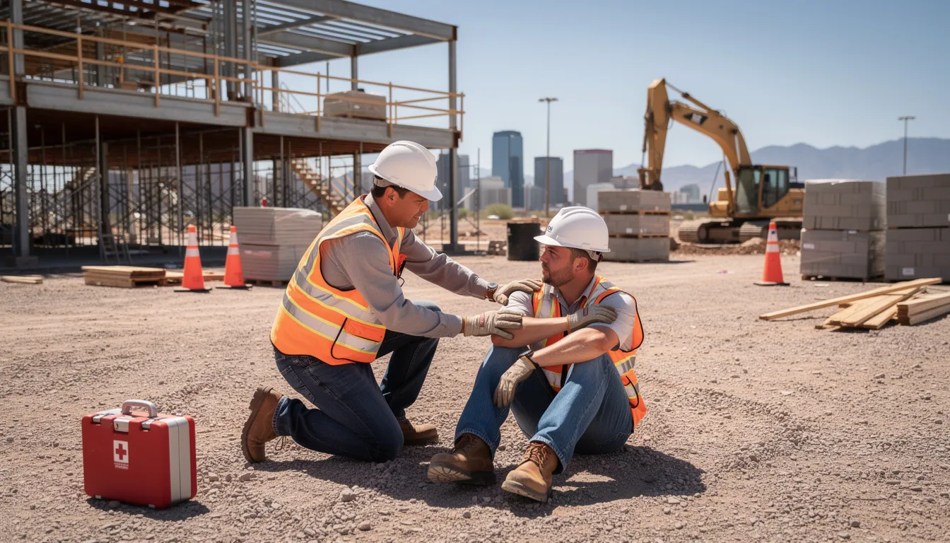 A construction worker sits on gravel at a Phoenix construction site, holding his shoulder in discomfort while a concerned coworker kneels beside him. The scene captures the realities of construction site accidents, with steel framing and building materials in the background under bright Arizona midday light.