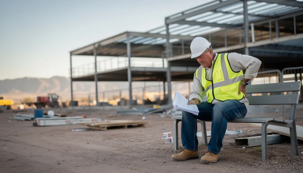 A middle-aged construction worker sits on a gray metal bench at a Phoenix, AZ construction site, wearing a white hard hat and high-visibility vest while holding paperwork in one hand and supporting his lower back with the other, indicating discomfort. Behind him, a steel-frame building is under construction, with Arizona's desert landscape and mountains in the distance, emphasizing the reality of workplace injuries and the importance of understanding workers' compensation benefits.