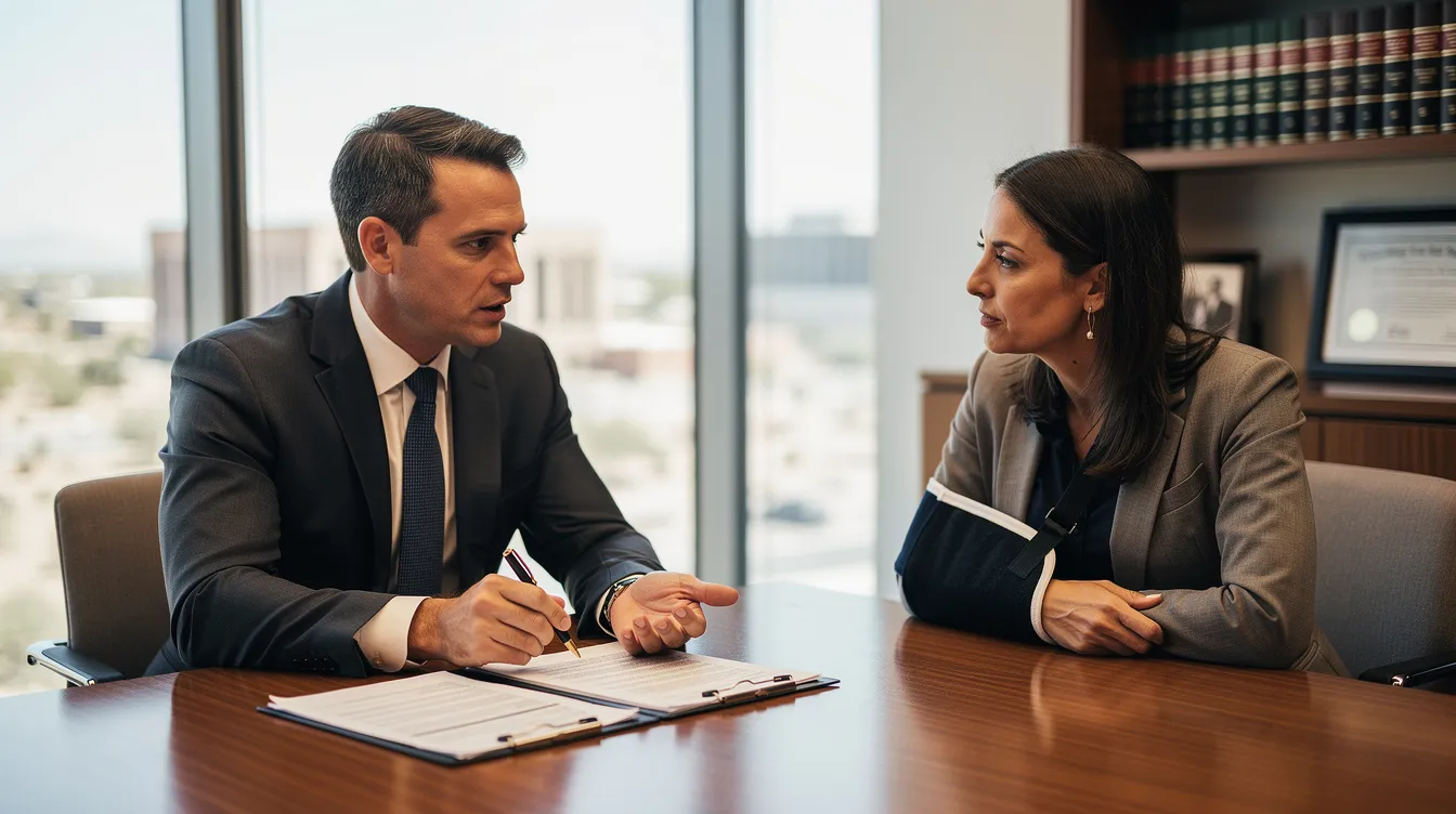 A Phoenix personal injury lawyer is engaged in a professional consultation with an injured client in a modern law office, reviewing important documents and discussing the legal process regarding the client's accident claim. The serious atmosphere, enhanced by natural lighting, reflects the attorney's commitment to securing fair compensation for personal injury cases.