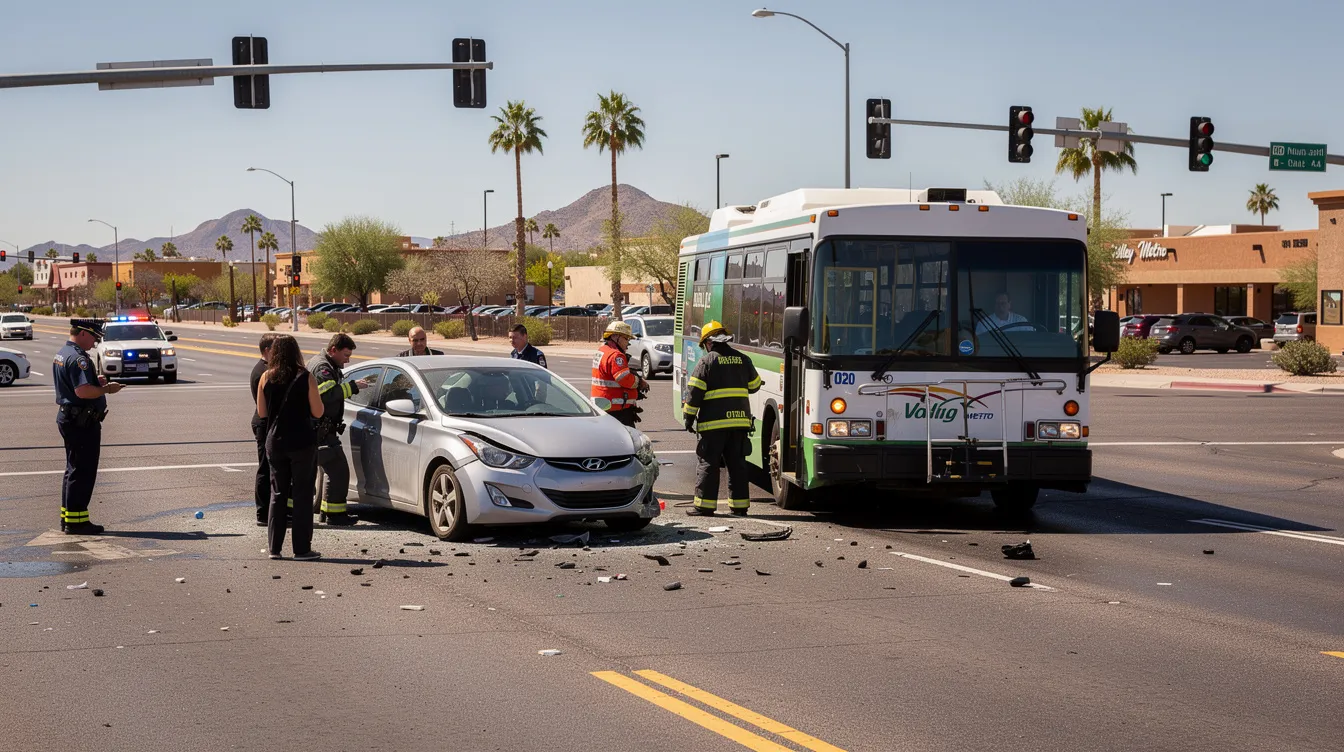 The image depicts a city bus accident at a busy urban intersection in Phoenix, Arizona, showcasing a public transit bus that has collided with a passenger car. Emergency responders are assisting on the scene, surrounded by palm trees and wide streets, with visible damage to the vehicles but no serious injuries apparent, reflecting the realities of bus accidents in urban settings.