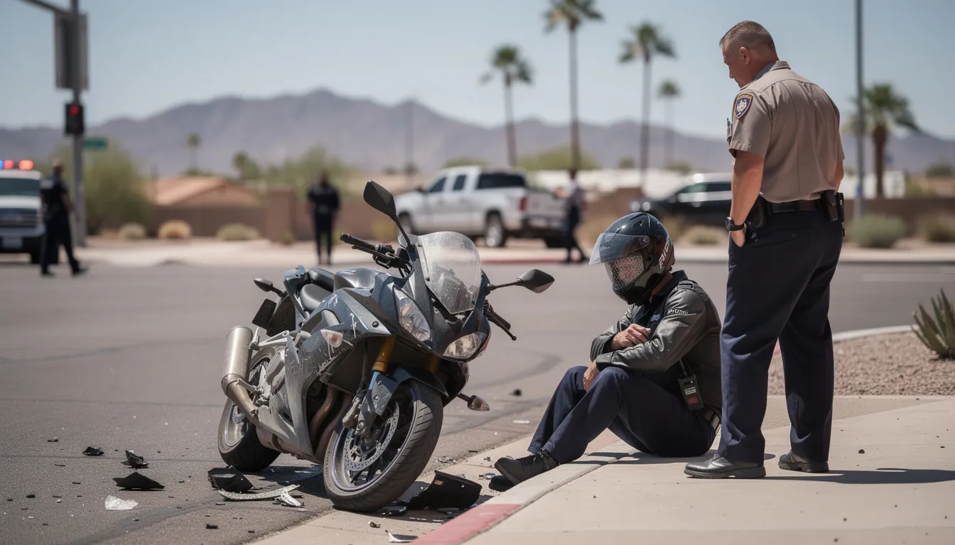 The image depicts the aftermath of a motorcycle accident in Phoenix, Arizona, with a damaged motorcycle resting near the curb at an intersection. An injured rider sits on the sidewalk while an emergency responder stands nearby, set against a backdrop of subtle desert mountains and palm trees under bright daylight, highlighting the seriousness of motorcycle accident cases and the importance of seeking medical attention and legal guidance.
