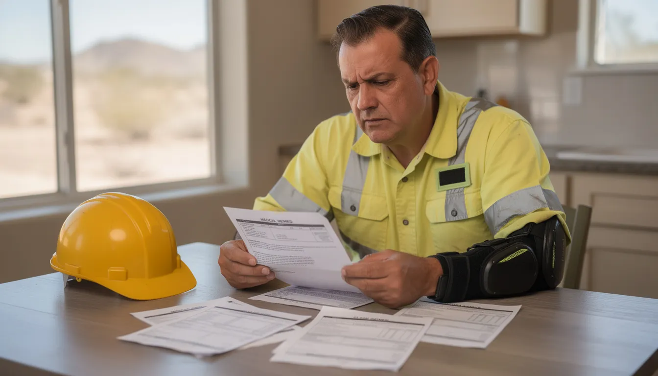 A middle-aged construction worker, wearing a high-visibility yellow shirt and a black arm brace, sits at a kitchen table with a serious expression as he reviews official paperwork, including a denial letter and medical bills. The soft Arizona daylight illuminates the scene, highlighting his concern over his workers compensation claim denied, alongside a bright yellow hard hat and a view of the desert landscape outside.