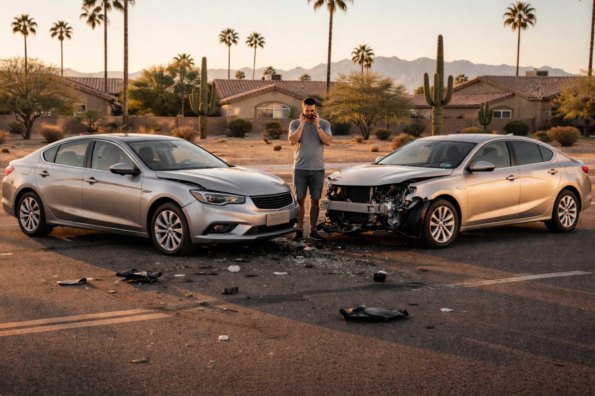The image depicts a car accident scene in Phoenix, Arizona, during golden hour, featuring two mid-size sedans with visible front-end collision damage positioned at slight angles. A distressed driver stands between the vehicles, holding a smartphone while appearing concerned, amidst debris and skid marks on the asphalt, with palm trees and distant mountains in the background, capturing the authentic aftermath of a car crash.