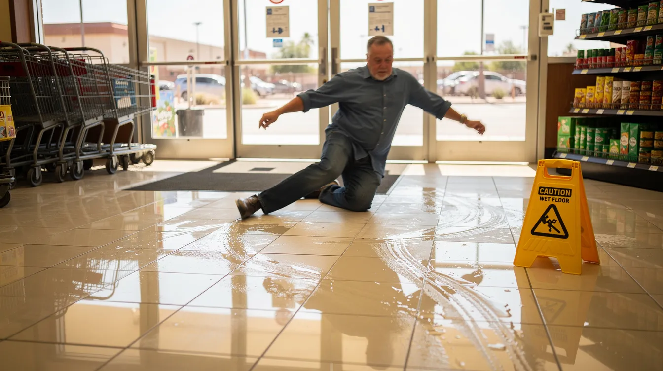 The image depicts a middle-aged adult mid-fall inside a modern grocery store in Phoenix, slipping on a wet tile floor near the entrance, with water tracked in from outside. A "Caution Wet Floor" sign is visible nearby, emphasizing the slip and fall accident, while shopping carts and shelves are subtly blurred in the background, capturing the scene in a clean, well-lit commercial interior.