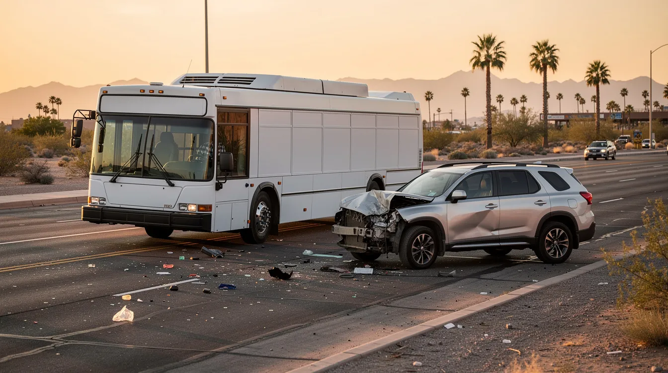 The image depicts a realistic bus accident scene in Phoenix, Arizona, during golden hour, featuring a plain white city bus and a civilian SUV with visible front-end collision damage at a wide desert intersection. The scene captures the aftermath of the accident with light debris on the dry asphalt, palm trees and distant mountains in the background, emphasizing the serious nature of bus accidents and the potential for injuries sustained by victims.