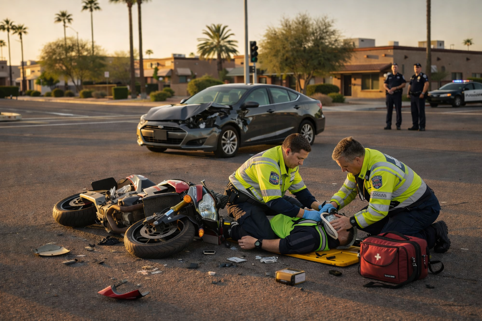 A realistic scene depicting a motorcycle accident at a busy Phoenix intersection during golden hour, featuring a damaged sport motorcycle and a civilian sedan with front-end damage. Paramedics are attending to an injured rider, while police officers observe the scene in the background, capturing the gravity of motorcycle accidents and the severe injuries that can result from such incidents.