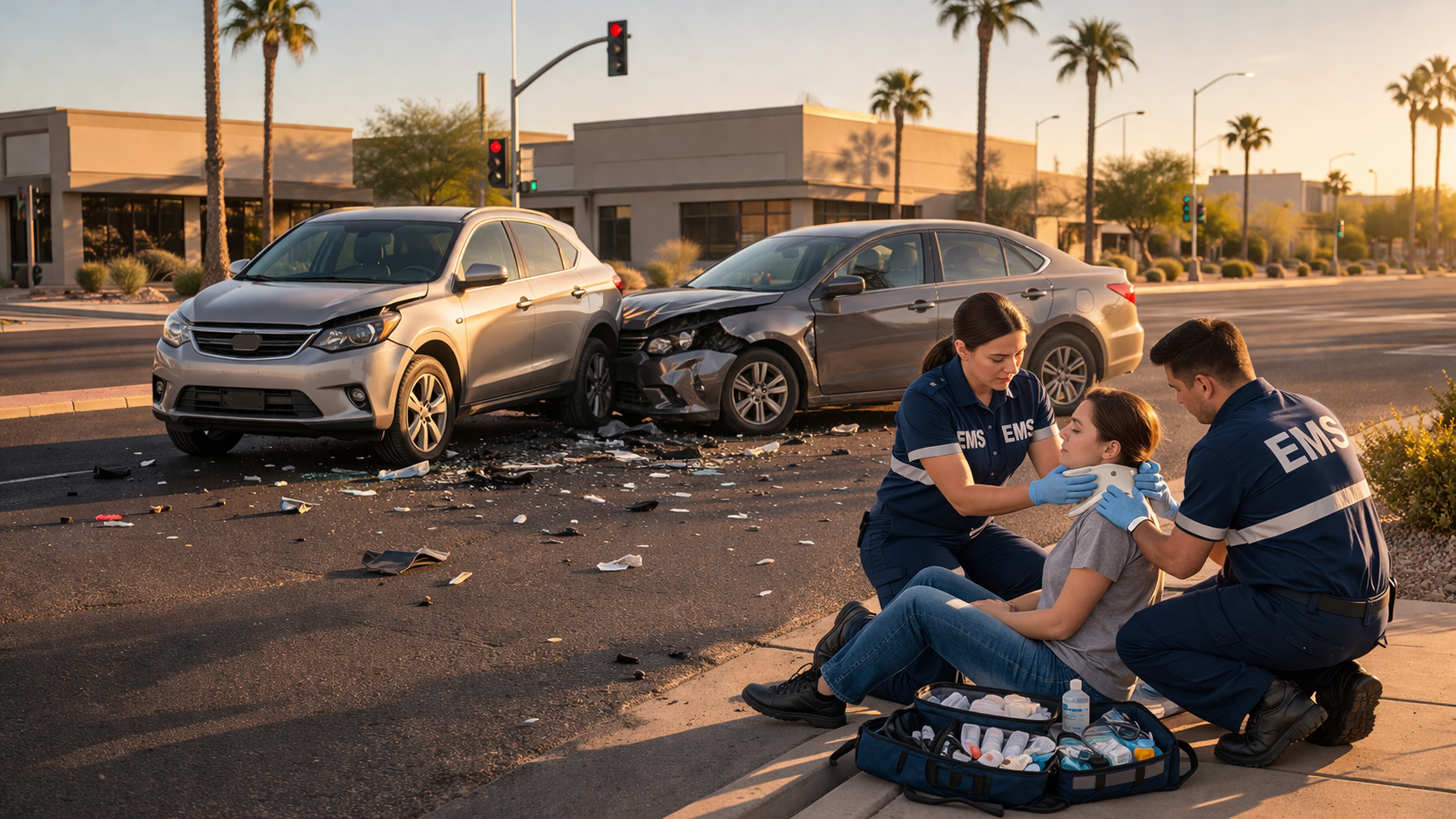 The image depicts a realistic car accident scene in Phoenix at a busy urban intersection during golden hour, featuring two damaged civilian vehicles positioned diagonally on the asphalt with scattered debris. Two paramedics in navy blue EMS uniforms are providing medical care to an injured civilian seated on the curb, utilizing a cervical neck brace and an open trauma kit, highlighting the urgent need for immediate medical treatment for accident victims.