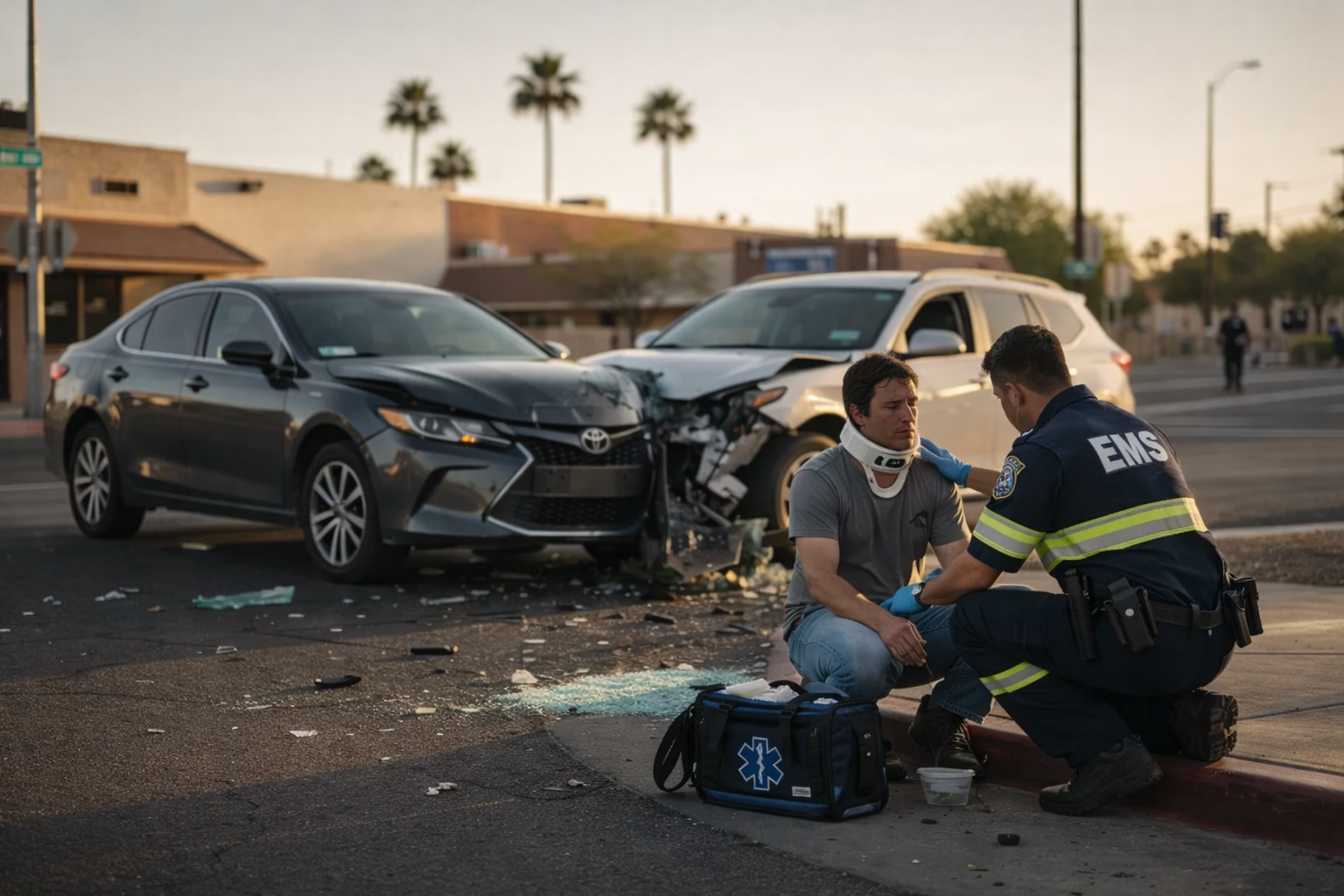 The image depicts a realistic Phoenix car accident scene at a quiet urban intersection during golden hour, featuring two civilian vehicles with visible collision damage and scattered debris on the asphalt. Paramedics in clear EMS uniforms are providing medical care to an injured civilian driver seated on the curb, highlighting the importance of personal injury law and the need for experienced car accident attorneys in Arizona.
