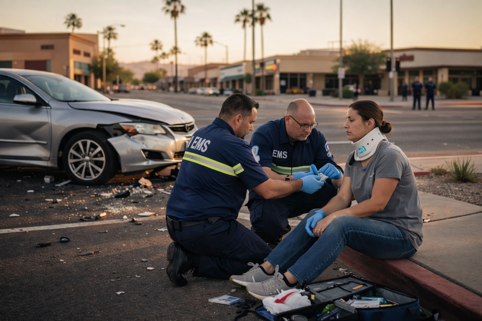 A realistic scene of a car accident in Phoenix at a busy urban intersection during golden hour, featuring two civilian vehicles with visible damage and scattered debris on the asphalt. Two paramedics in navy blue EMS uniforms are providing medical care to an injured civilian seated on the curb, while palm trees and low-rise buildings are softly blurred in the background, emphasizing the focus on the accident and the responders.