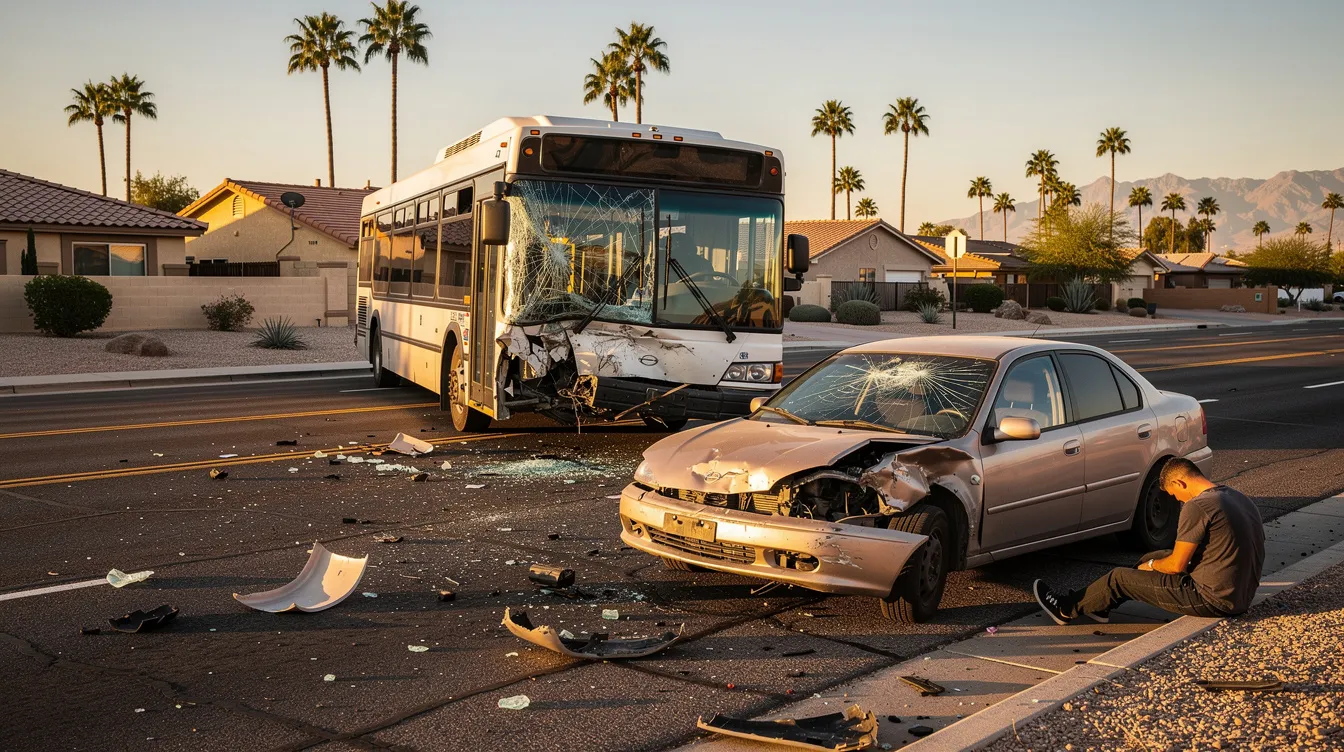 The image depicts a serious bus accident scene in Phoenix, Arizona, featuring a large city bus and a mid-size sedan, both with significant collision damage. An injured adult civilian is seated on the curb, appearing distressed, amidst scattered debris on the roadway, surrounded by typical Phoenix desert landscaping and palm trees during golden hour lighting.