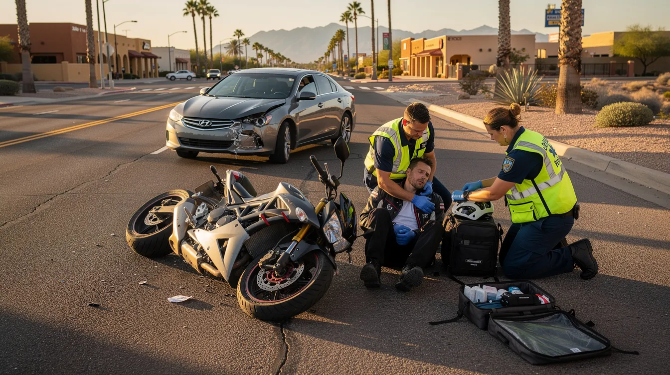 The image depicts a motorcycle accident scene in Phoenix, Arizona, during golden hour, featuring a damaged sport motorcycle on its side and a civilian sedan with front-end damage stopped nearby. Two paramedics in high-visibility uniforms are providing assistance to an injured motorcyclist seated on the pavement, with a stretcher placed nearby, while palm trees and distant mountains set the backdrop in this realistic photojournalism style.