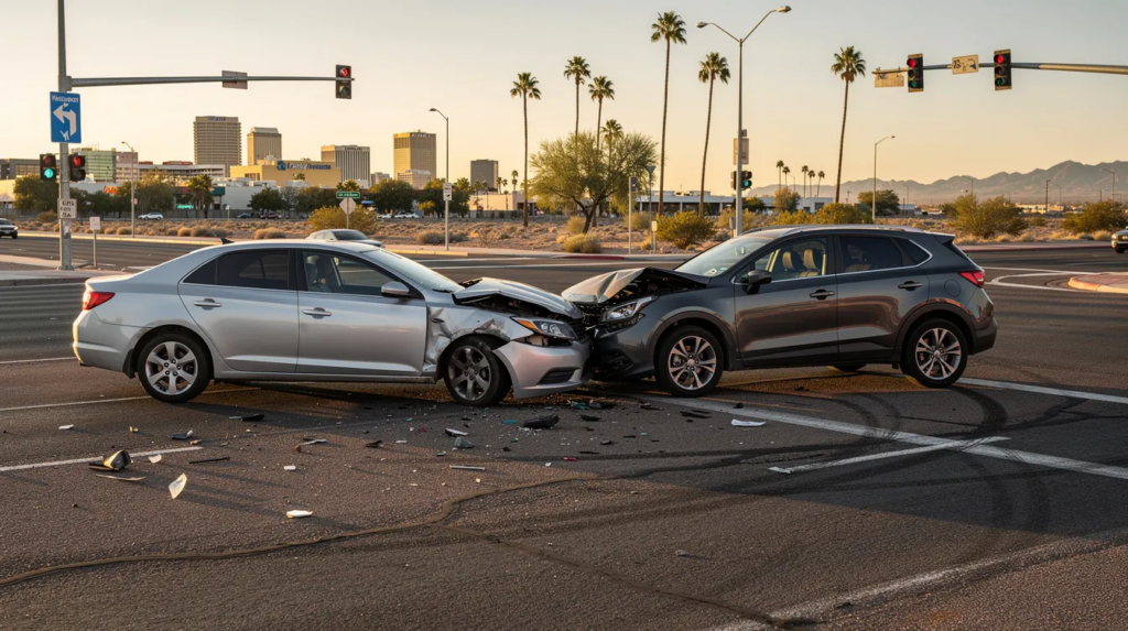 The image depicts a realistic car accident scene in Phoenix, Arizona, during golden hour, featuring a silver mid-size sedan and a dark gray compact SUV involved in a front-end collision at a wide desert intersection. Both vehicles exhibit moderate collision damage and are surrounded by debris on the asphalt, with the Phoenix skyline and palm trees softly visible in the background, illustrating the aftermath of a serious car accident.