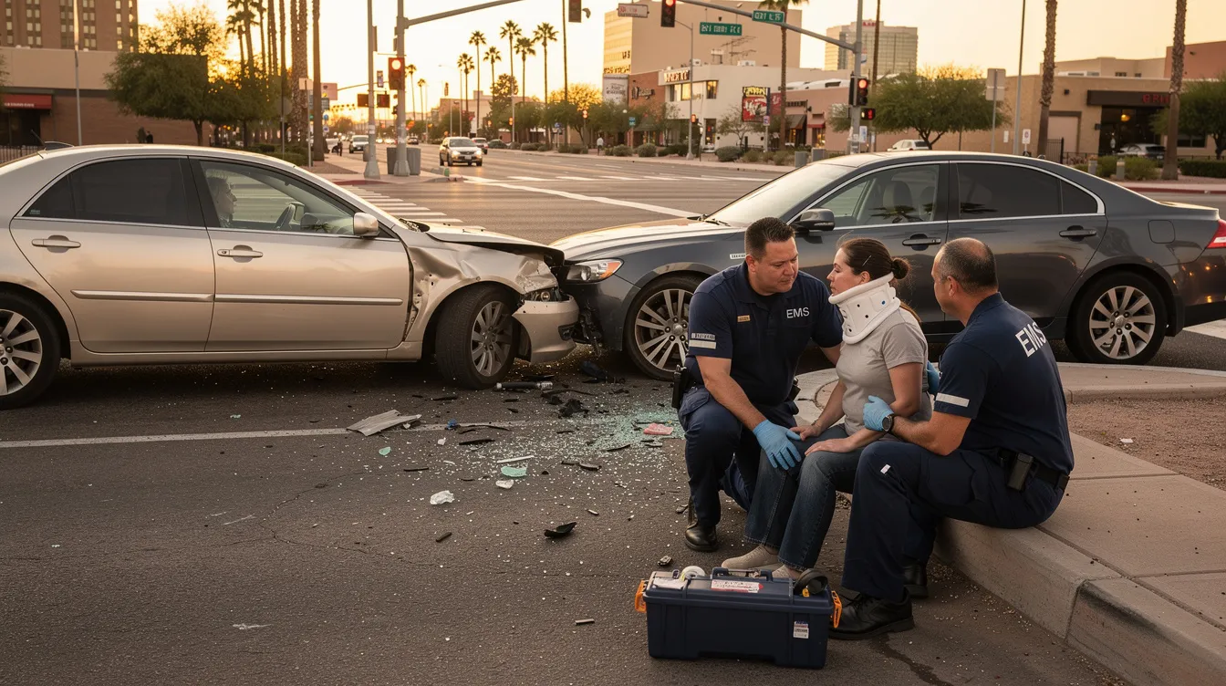 The image depicts a serious car accident scene at a wide urban intersection in Phoenix during golden hour, featuring two generic civilian vehicles with visible collision damage and debris scattered on the asphalt. An injured adult civilian, wearing a cervical neck brace, is seated on a curb while two paramedics in plain navy EMS uniforms provide assistance, all set against a backdrop of palm trees and low-rise buildings under a clear sky.