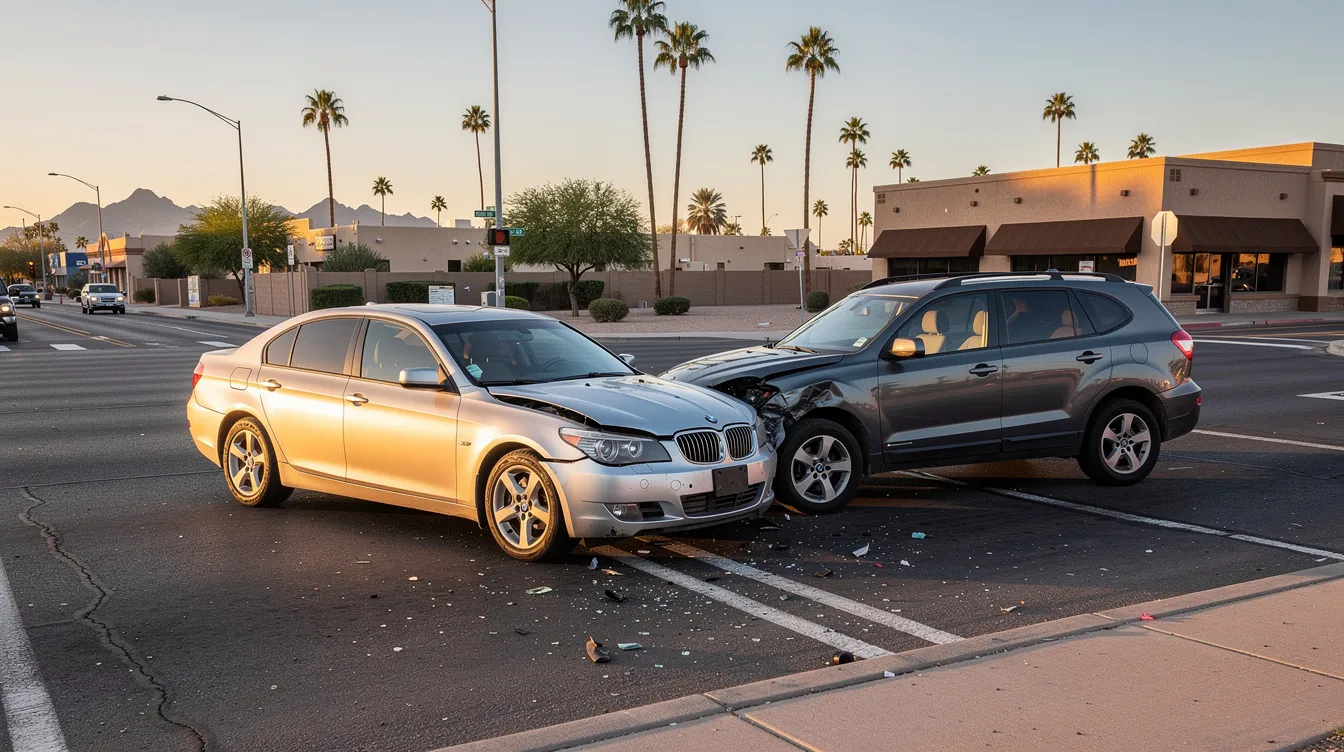 The image depicts a car accident scene in Phoenix, Arizona, during golden hour, featuring a mid-size sedan and a compact SUV with visible front-end collision damage at a wide urban intersection. The background showcases a typical Phoenix environment with palm trees and low-rise buildings, emphasizing the need for experienced Phoenix car accident attorneys to assist victims in navigating personal injury claims and recovering compensation for medical expenses.