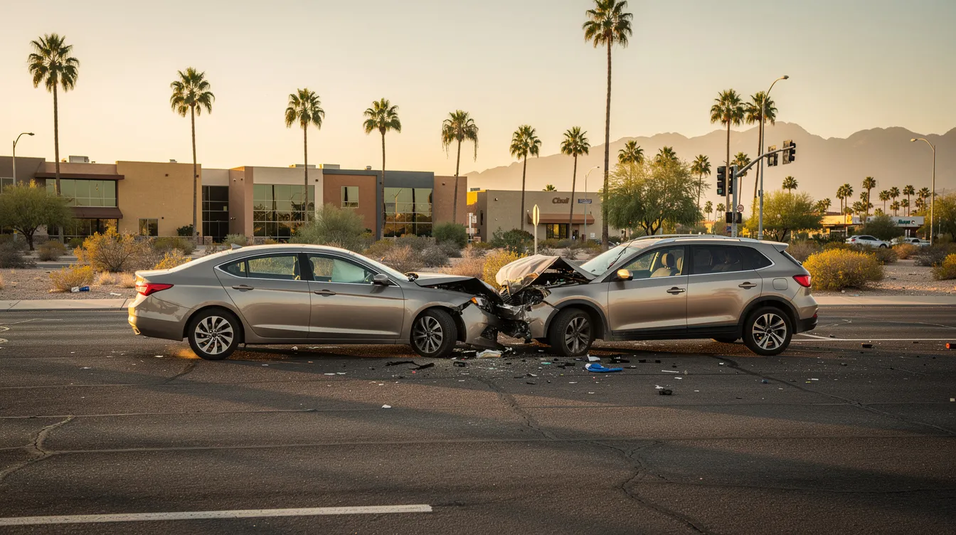 The image depicts a realistic car accident scene in Phoenix, Arizona, during golden hour, featuring two unbranded civilian vehicles, a mid-size sedan and a compact SUV, with visible front-end collision damage at an intersection. The background showcases palm trees and low-rise buildings under warm sunlight, with minor debris scattered on the asphalt, capturing the candid essence of an auto accident scene without any emergency response present.