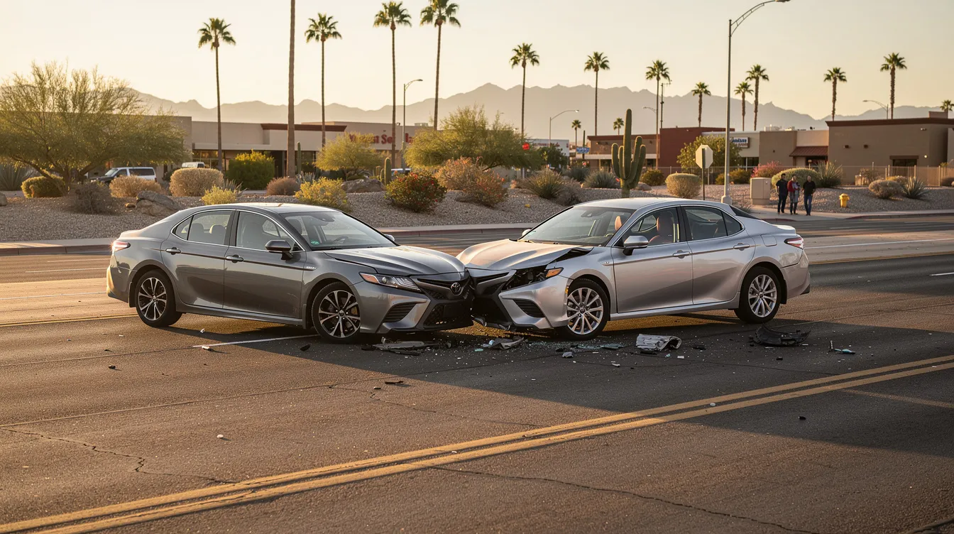 The image depicts a realistic car accident scene in Phoenix, Arizona, during golden hour, featuring two generic mid-size sedans involved in a front-end collision at a desert intersection. The vehicles show visible front-end damage with crumpled hoods and broken headlights, surrounded by scattered debris on the asphalt, while bystanders observe from a distance against a backdrop of palm trees and low-rise buildings.