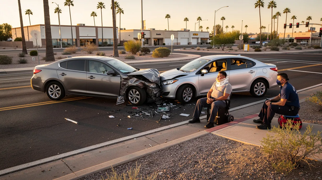 The image depicts a serious car accident scene at a deserted urban intersection in Phoenix, Arizona, during golden hour lighting. Two civilian vehicles are visibly damaged from a collision, with an injured adult sitting on the curb wearing a neck brace, while two paramedics provide medical assistance, all captured in a clean documentary style without any distractions or additional elements.