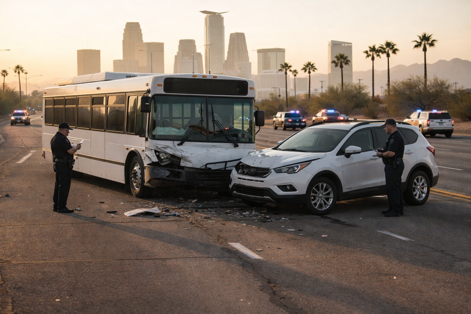 The image depicts a bus accident scene in Phoenix, Arizona, during golden hour, featuring a plain white city bus and a damaged civilian SUV on a wide desert roadway, with the Phoenix skyline and palm trees in the background. Police vehicles with flashing lights are stationed nearby, and officers are documenting the accident, capturing the serious nature of the incident that could lead to bus accident claims and personal injury lawsuits for the involved parties.