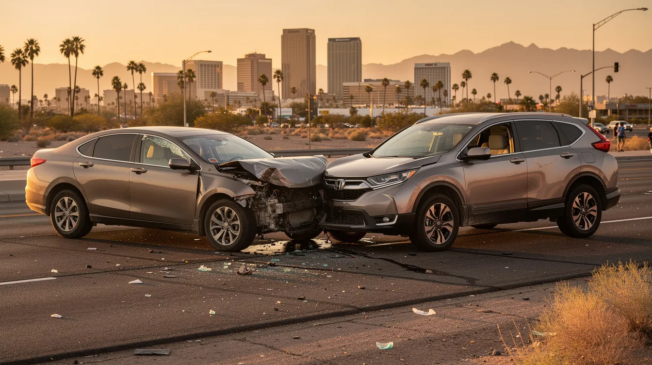 The image depicts a realistic car accident scene in Phoenix, Arizona, during golden hour, featuring two generic civilian vehicles—a mid-size sedan and a compact SUV—engaged in a moderate front-end collision on a wide desert roadway. The background showcases the Phoenix skyline with palm trees and desert mountains, while the asphalt is marked with scattered debris and subtle fluid traces, reflecting the aftermath of the accident involving uninsured or underinsured drivers.