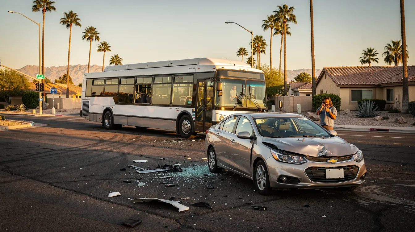An ultra-realistic editorial photograph captures a Phoenix city bus accident scene during golden hour, featuring a generic public transit bus stopped diagonally at a suburban intersection. In the foreground, a mid-size sedan with front-end damage is angled off-center, while an adult stands beside the car, appearing concerned and holding a phone to their ear; the scene includes scattered debris and reflects the distinct desert landscape of Phoenix, Arizona.