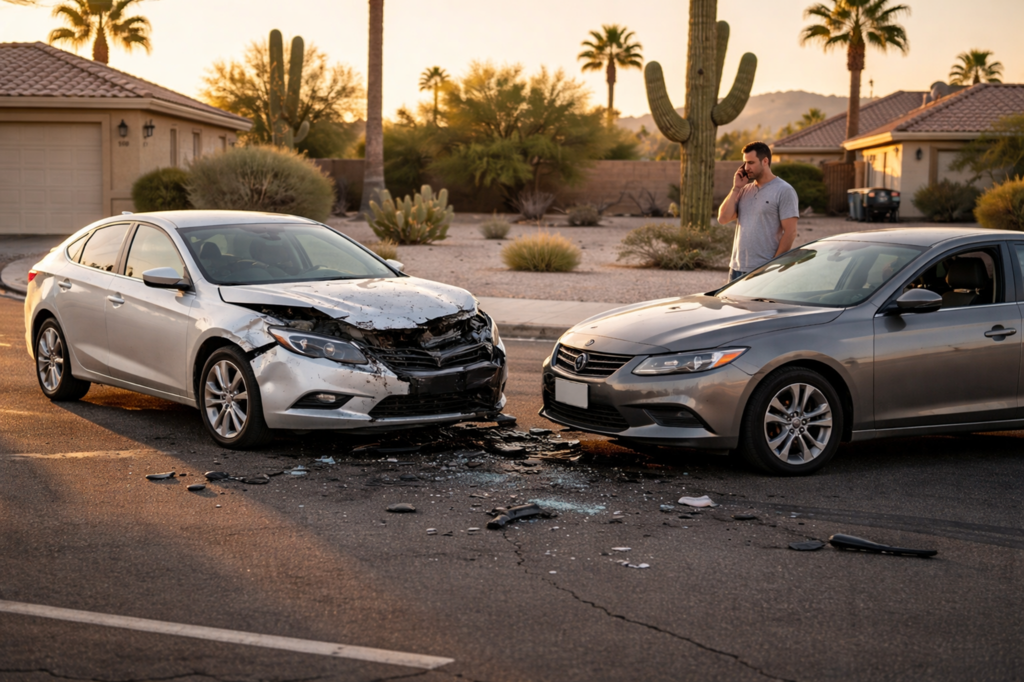 The image depicts a realistic car accident scene in Phoenix, Arizona, featuring two mid-size sedans with front-end damage positioned at awkward angles on a suburban road. An adult male stands nearby, appearing concerned as he speaks on his smartphone, amidst scattered debris and warm golden hour lighting that highlights the suburban homes and desert landscape in the background.