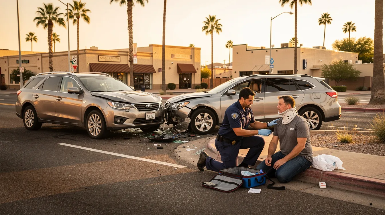 The image depicts a calm Phoenix car accident scene during golden hour, featuring two unbranded civilian vehicles with visible impact damage positioned diagonally at an empty urban intersection. An injured adult is seated on the curb wearing a cervical neck brace, while two plain-clothed paramedics assist with medical treatment, emphasizing the focus on personal injury response in this controlled environment.
