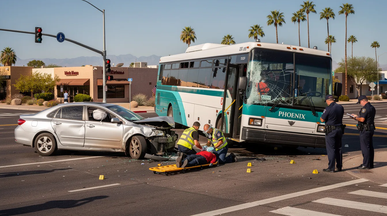 The image depicts a realistic scene of a bus accident in Phoenix at a busy urban intersection, featuring a city bus and a damaged passenger car. Emergency responders are assisting injured individuals while police officers document the accident scene, with palm trees and clear desert lighting in the background, highlighting the serious nature of bus accident injuries and the importance of seeking legal support for bus accident claims.