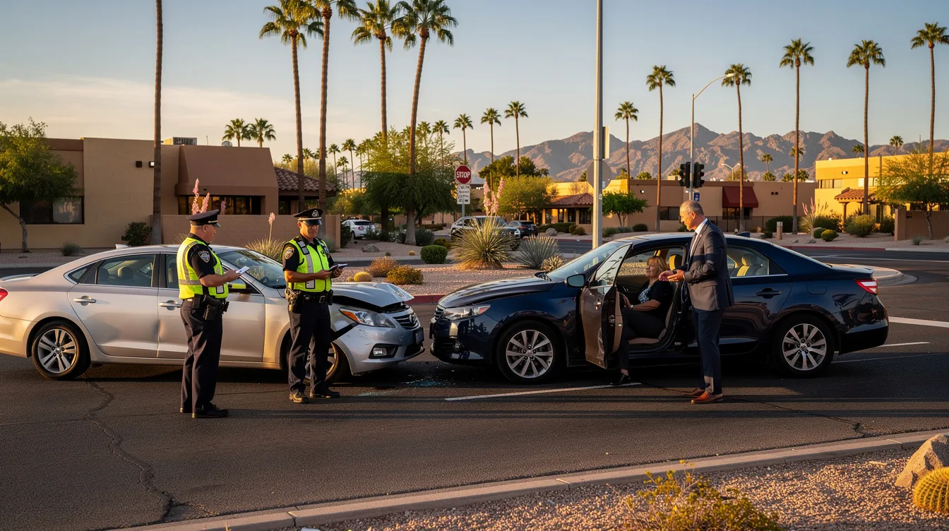 A realistic scene of a car accident in Phoenix, Arizona, during golden hour captures two modern sedans at a suburban intersection, one with front-end damage and the other showing a side impact dent. Uniformed police officers are present, one taking notes while speaking to a driver, and a lawyer in a tailored suit is engaging with an injured driver partially outside the vehicle, discussing their legal options related to personal injury claims.