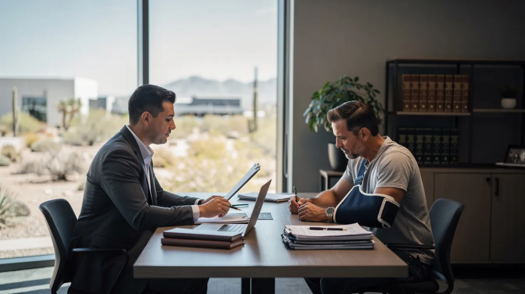 A professional attorney in business attire sits across from an injured worker with a sling on their arm in a modern law office, discussing a workers compensation claim while reviewing documents on a desk. The warm natural light filters through large windows, highlighting the clean and minimal office design, which includes legal books and a laptop, creating an empathetic atmosphere for their consultation.